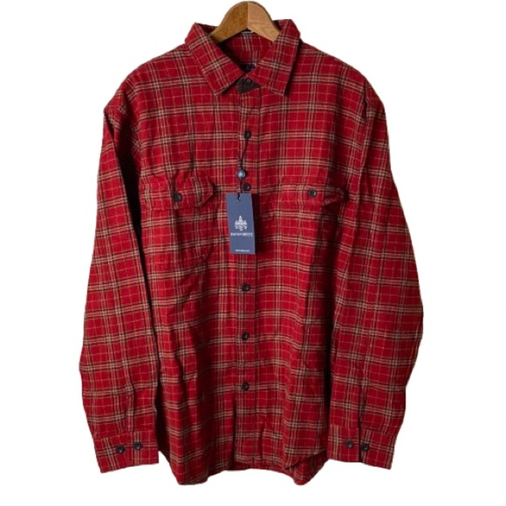 Rainforest Men’s Red Plaid Flannel Button-Up Shirt Size L Cotton Rugged Outdoor